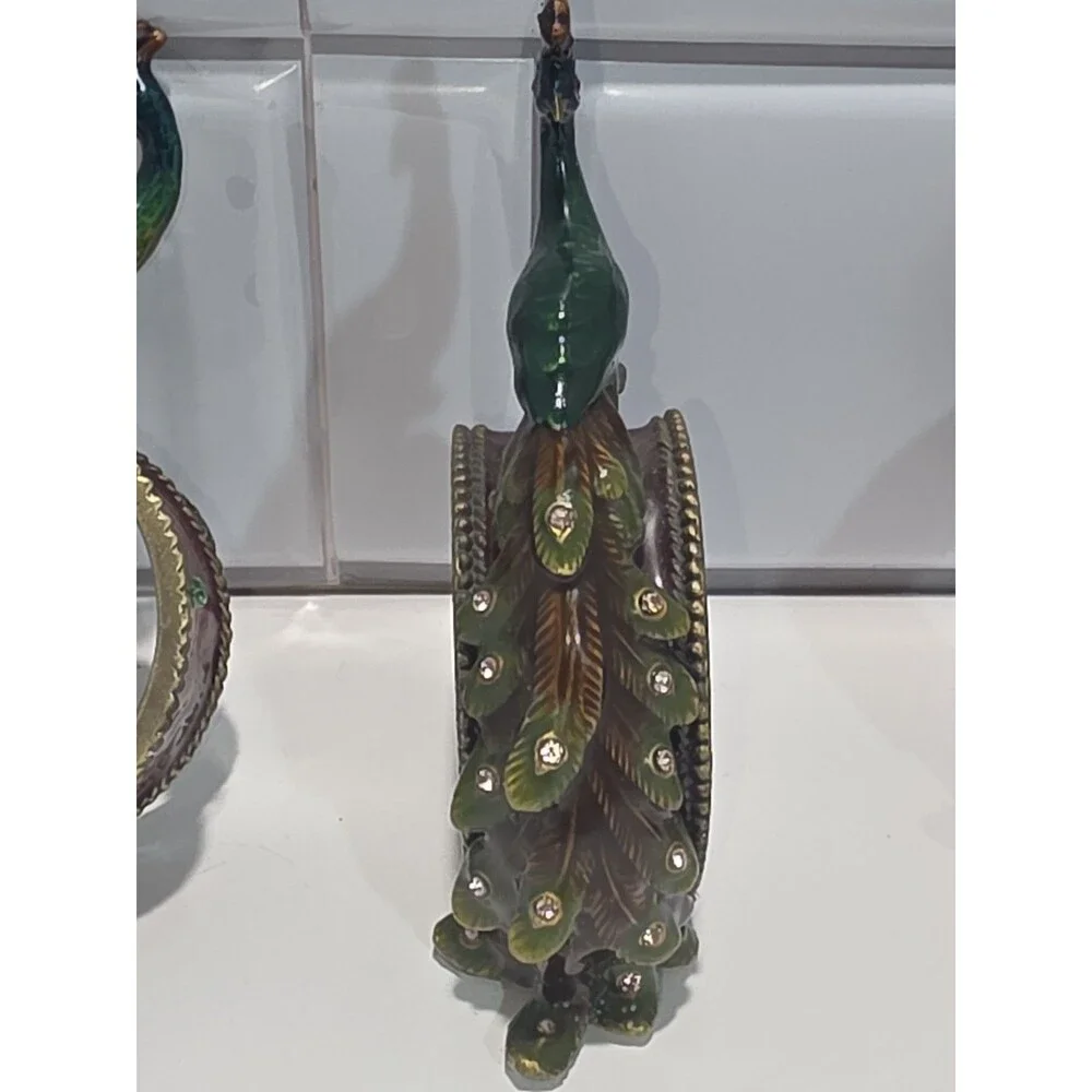 Peacock Enamel Napkin Ring Holders Brass Metal & Rhinestones set of 4
